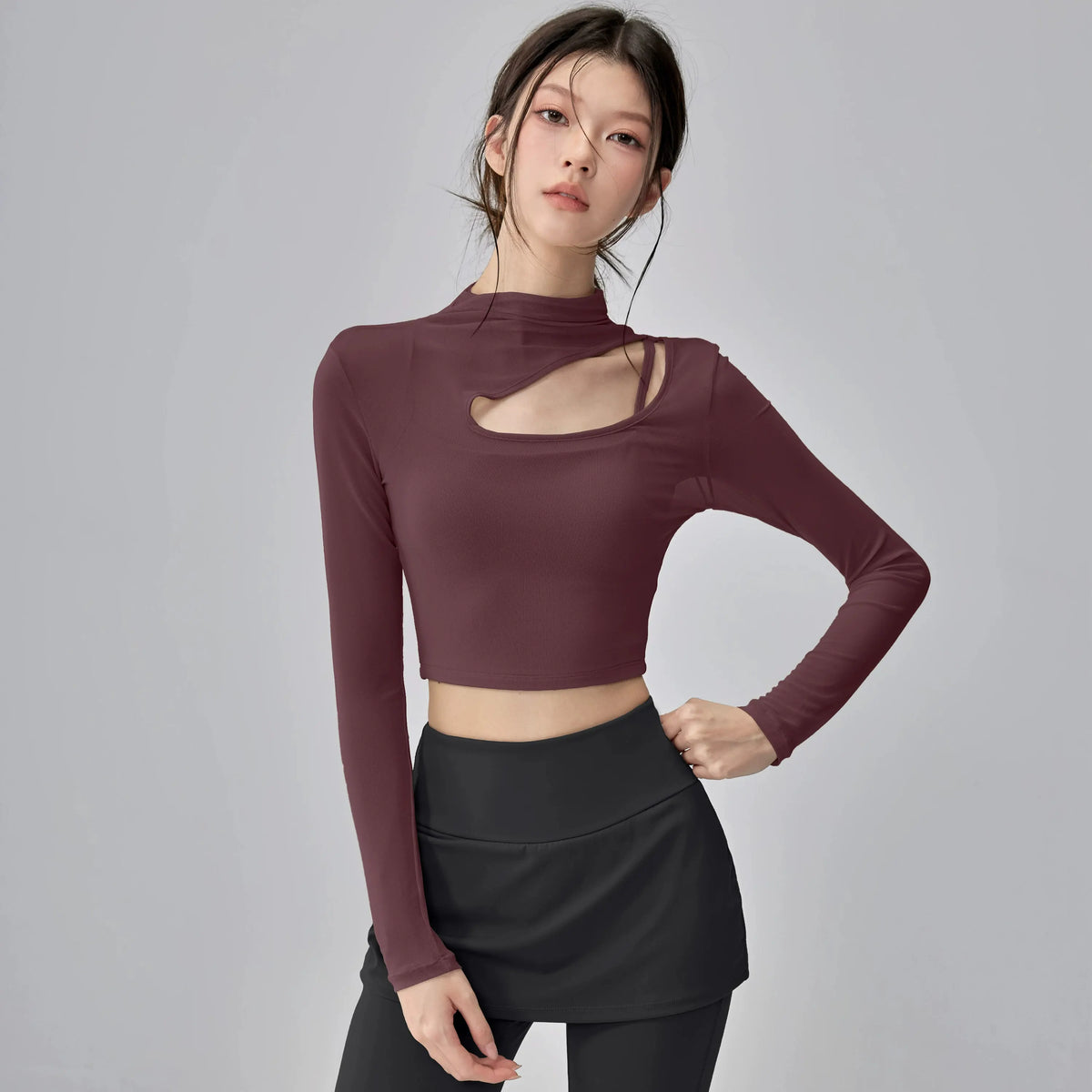 【カップ一体型×シアー切替】美ライン長袖 ヨガ&ピラティストップス