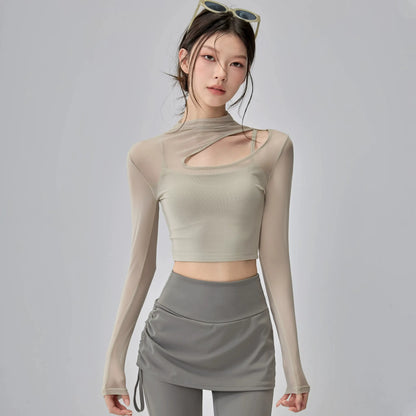 【カップ一体型×シアー切替】美ライン長袖 ヨガ＆ピラティストップス