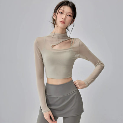 【カップ一体型×シアー切替】美ライン長袖 ヨガ＆ピラティストップス