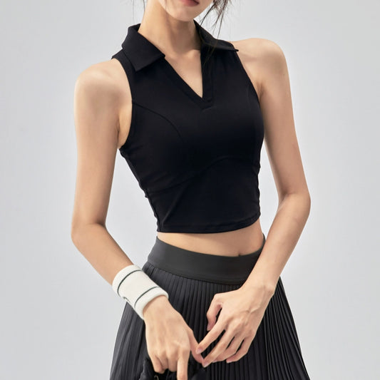 【揺れない一体型】上品ポロ襟 ノースリーブ ヨガ＆テニスブラトップ 2882