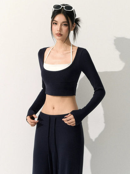 【カップ付き×着痩せ】レイヤード風 美ライン長袖ヨガトップス 4263