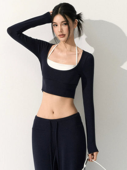 【カップ付き×着痩せ】レイヤード風 美ライン長袖ヨガトップス 4263