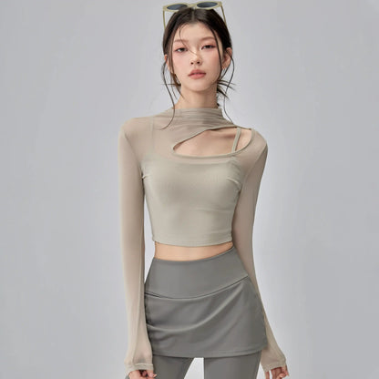 【カップ一体型×シアー切替】美ライン長袖 ヨガ＆ピラティストップス